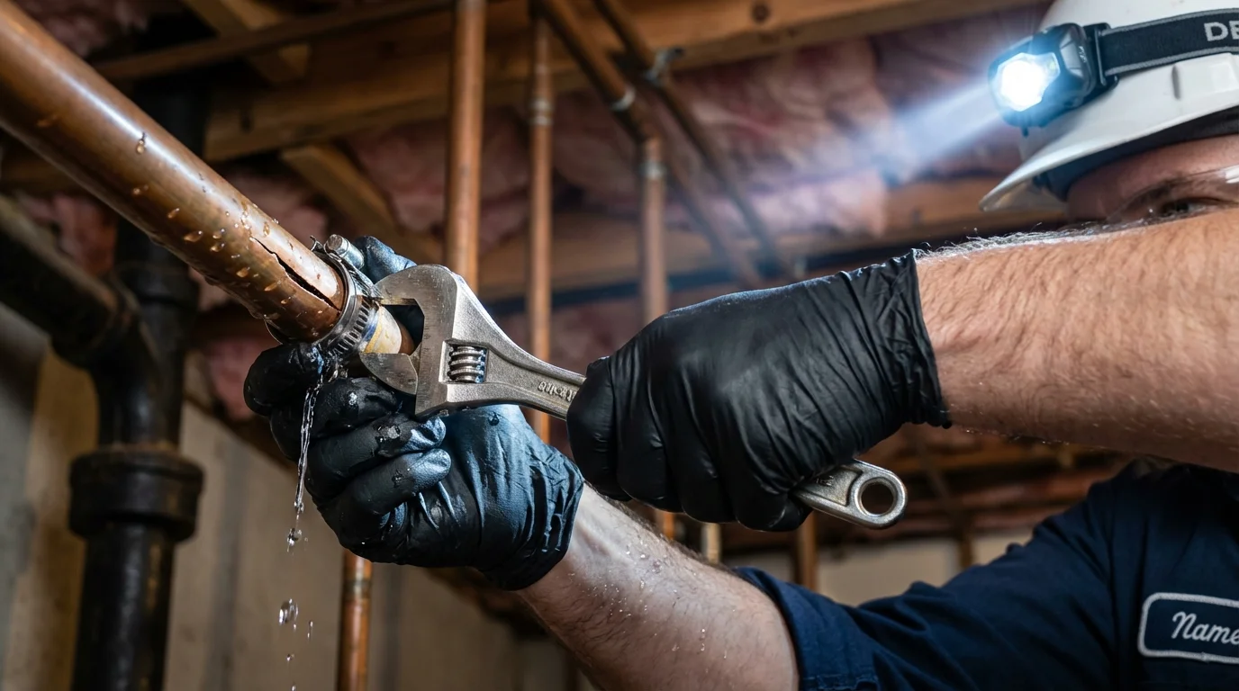 Emergency pipe clamp repair being performed by a Johns Plumbing LLC plumber in Odin