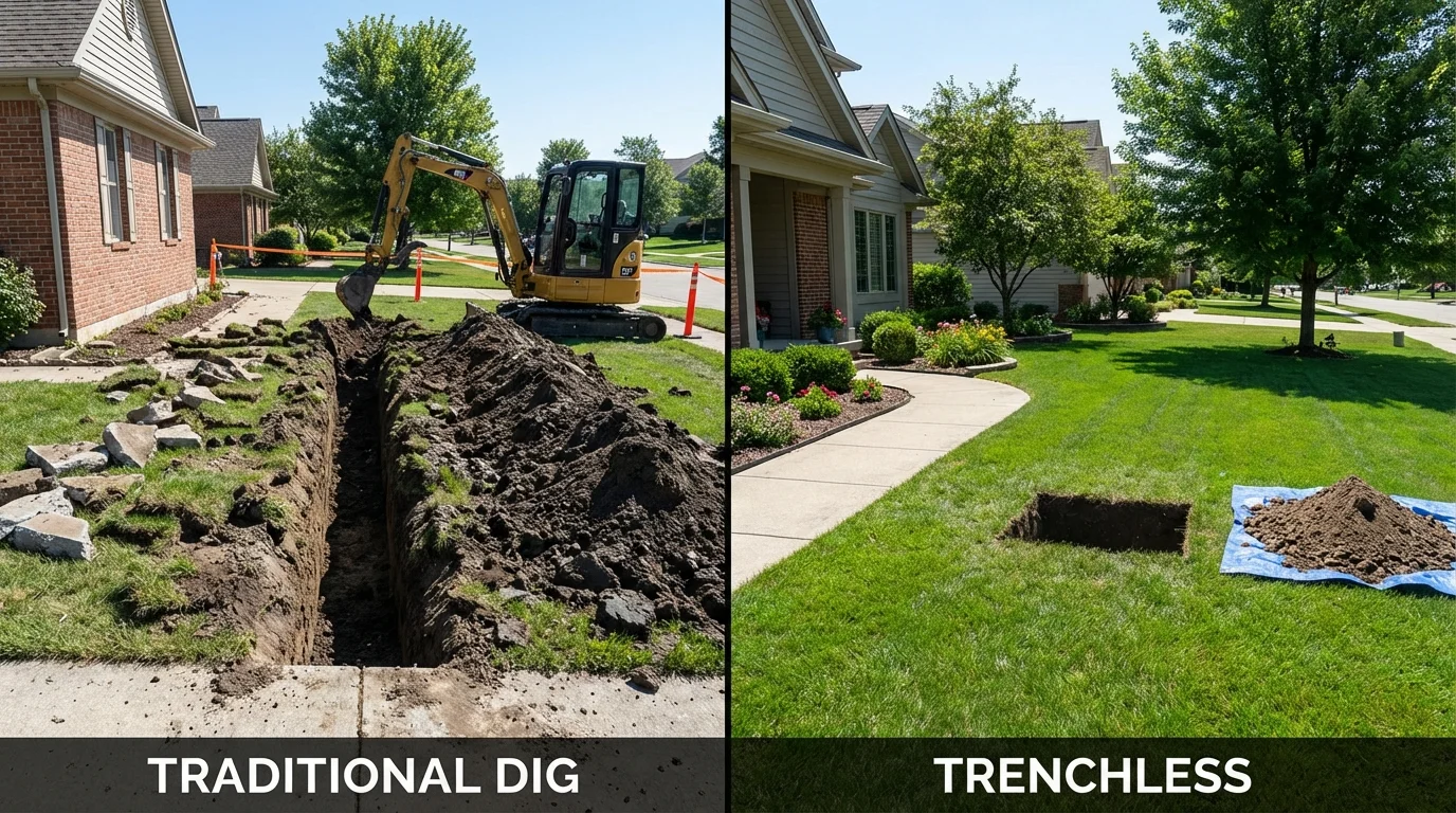 Trenchless sewer repair with minimal yard damage versus traditional excavation in Odin, IL