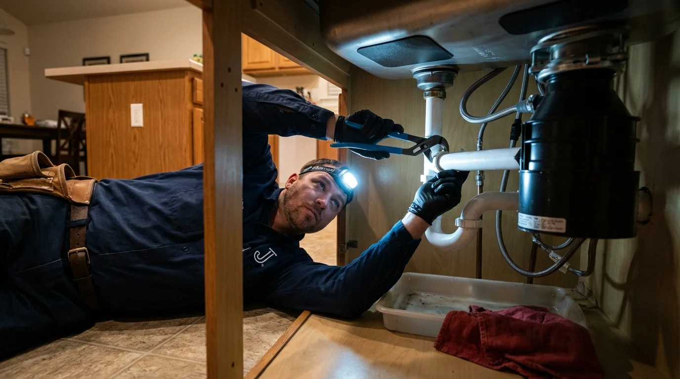 P-trap and supply line connections under a kitchen sink showing a common leak point in Odin, IL